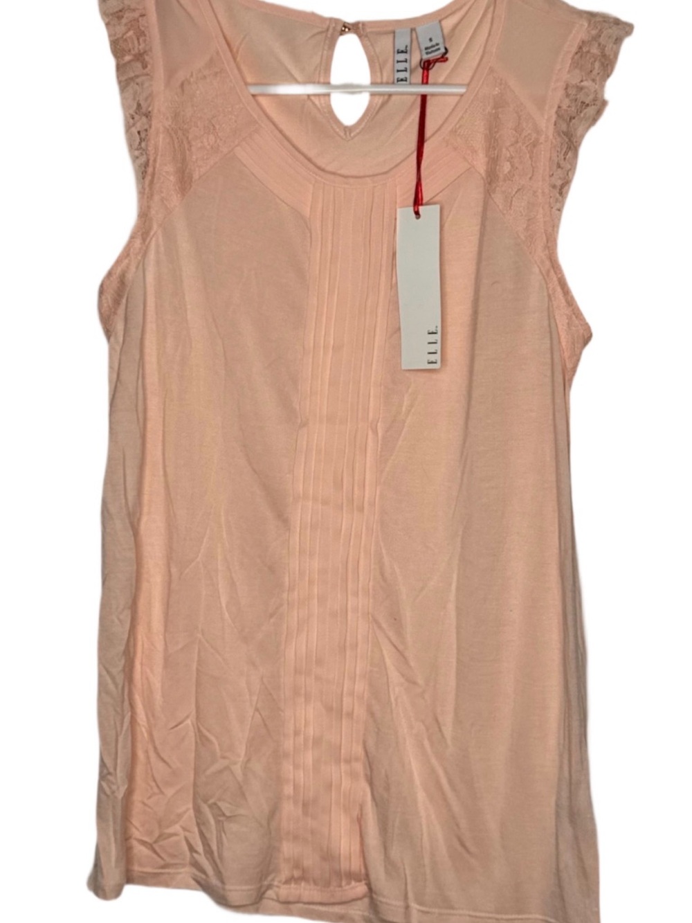 ELLE Women's Lace-Trim Sleeveless Shirt Tank Top Pink Peach Blush nwt small S